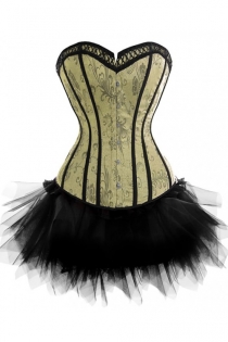 Luxurious Strapless Corset Dress in Patterned Green With Black Tutu Net Mini Skirt