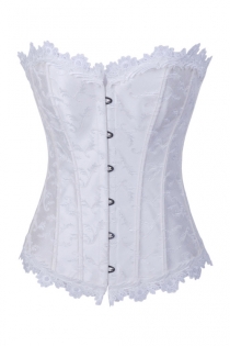 White Brocade Corset With Structured Paneling, Black Metal Clasps and White Lace Neck