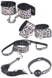 Cheetah Print BDSM Toys Including Handcuffs, Ball Gag, Whip, and Collar With Leash