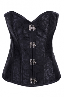 Black Satin Boned Corset With Floral Print, Silver Hook Front Closures, and Black Shoestring Lace-up Back