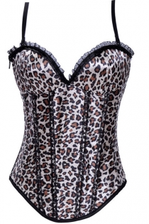 Satin White Leopard Corset With Underwired Cups, Black Ruched Lace Trim and Removable Straps