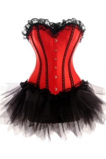 Red Corset Dress With Black Vertical Strip Detail and Tutu Net Mini Skirt