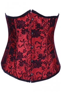 Red Underbust Corset With Black Floral Lace Print and Satin Trim, Front Busk