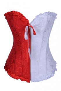 Enchanting Cute White & Red Overbust Boned Corset Top with Half Zip Up
