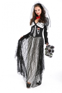 Sexy Queen of Darkness Costume Dress with Printed Bones and Lace Overlay