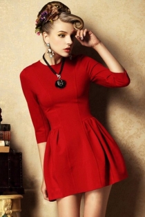 Classic Hot Red High Waist Mini Dress with Round Neckline and Half Sleeves