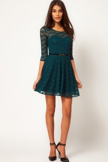 Seductive Dark Green 3/4 Sleeves Mini Dress With Spoon Neckline and Stylish Belt