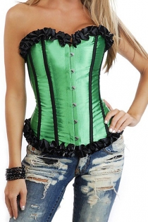 Elegant Emerald Boned Corset with Ruffled Trim, Hook and Eye Closure