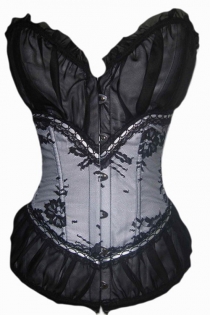 Sexy Black Corset with Ruffled Trim, Front Hook and Eye Closure, Padded Cups