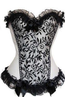 White and Black Ruffled Corset with Black Ribbons and Lace Pannel Front