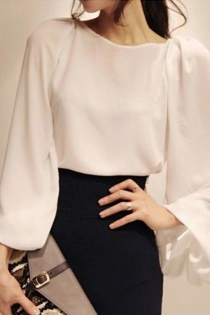 Chic White Shirt Featuring Wide Bishop Sleeves and Button Cuffs