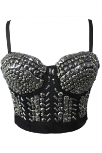 Black Strappy Corset With Silver Sequins Embellishments and Adjustable Back Hook and Eye Closure