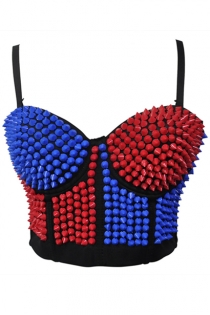 Black Strappy Corset With Red & Blue Spiked Embellishments and Adjustable Back Hook and Eye Closure