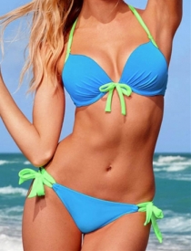 Green and Blue Halter-Style Bikini Swimsuit With Side-tie Bottoms and Front Tie Accent and Underwire on Top