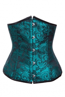 Teal Underbust Corset With Black Floral Lace Print and Satin Trim, Front Busk