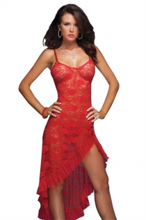 Plus Size Red Floral Lace Gown Lingerie With Matching Thongs