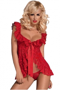 Plus Size Red Flowery Lace Babydoll Lingerie with Ruffle Trim & Thongs