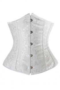 White Victorian Underbust Corset of Subtle Floral Brocade Pattern, Front Busk