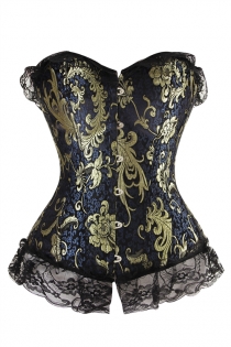 Stunning Midnight Blue Corset With Silvery Gold Floral Pattern and Generous Black Lace Trim, Discreet Busk