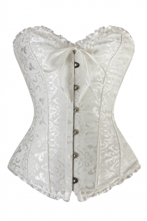 White Waist Training Corset of Floral Brocade With Ruffle Ribbon Trim, Sweetheart Neckline, Front Busk