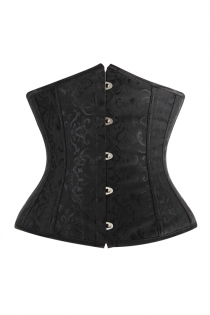 Black Victorian Underbust Waist Training Corset of Subtle Floral Brocade Pattern, Front Busk