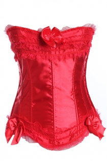Plus Size 	Red Satin Lace Frilled Corset With Bows, Matching Panty, and Ribbon Tie Back