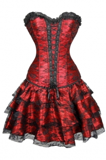 Gorgeous Red Corset Dress With Floral Lace Overlay and Ruffle-Layered Skirt, Lace-up Front and Black Flower on Bust
