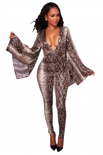 Serpentine digital printing horn sleeve deep V jumpsuit 