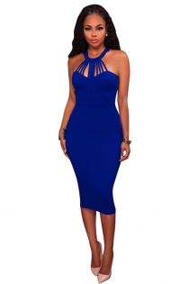 Blue round collar sleeveless bodycon knee length dress