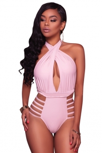 Pink Halter One Piece Swimsuit Bikini