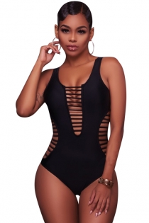 Sexy solid black striped hollow one-piece swimsuit bikini