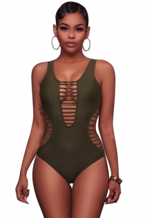 Sexy solid green striped hollow one-piece swimsuit bikini