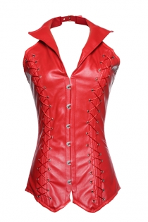 Red 16 Steel Boned Leather Overbust Corset with Windbreaker Collar, Lace-up Back