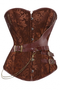 Brown Jacquard Gothic Corset Steampunk Faux Leather Chains Bustier Waist Sliming Plus Size S-6XL