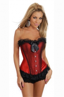 Red Corset With Black Polka Dot Lace Overlay in Front Panels, Ruffle and Bow, Front Busk