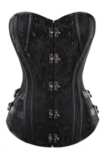 Black Brocade Gothic Corset Tops Overbust Bustiers With Front Buckles