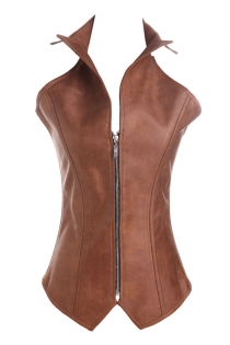 Brown 16 Steel Boned Leather Overbust Corset with Windbreaker Collar, Lace-up Back