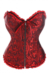 Dark Red Victorian Floral Brocade Corset With Ruffle Ribbon Trim, Sweetheart Neckline, Front Zipper