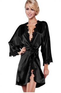 Sexy Women Summer Bathrobe Lace-edge Perspective Black Pajamas Honeymoon Lingerie Set