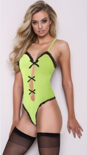 Lime Green Halterneck Swimsuit With Black Bows Around a Bare Midriff and Lacy Trim