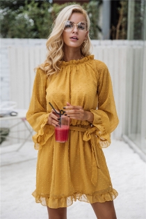 Lace up backless mesh dress women Elegant stringy selvedge sash mini dress Fashion long flare sleeve dresses vestidos