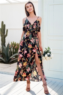 V neck ruffle floral print summer dress women Backless strap boho dress long Sleeveless split maxi beach dress vestidos