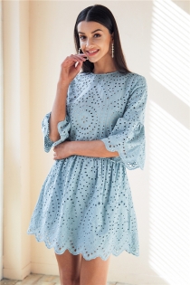 Cotton lace embroidery mini dress women Button ruffle sleeve causal white dress Spring hollow out short dress vestidos