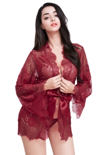 Sexy Burgundy Eyelash Lace Long Sleeve Cardigan Slip Plus Size Pajamas Robe