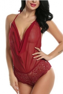 Women Deep V Halter Strap Burgundy Lace Mesh Teddy Underwear