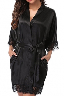 Black Ice silk pajamas plus size fat girl nightdress sexy loose lace robe