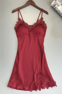 Red Three-dimensional lace trim ice silk nightdress without breast pad
