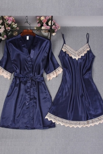 Sexy royal blue ice silk strap nightdress robe with babydoll 2 pieces set