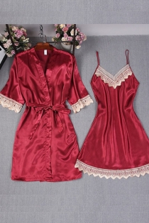 Sexy red ice silk strap nightdress robe with babydoll 2 pieces set