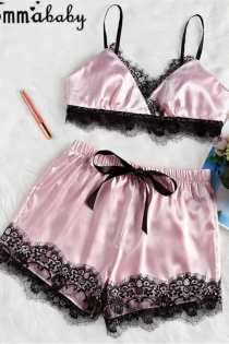 Sexy Pink Silk Lace Bra With Panties Set